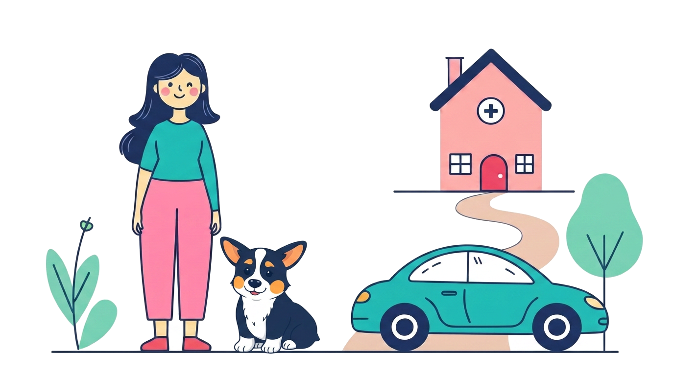 Ilustración de una familia con su mascota, una casa y un auto protegidos